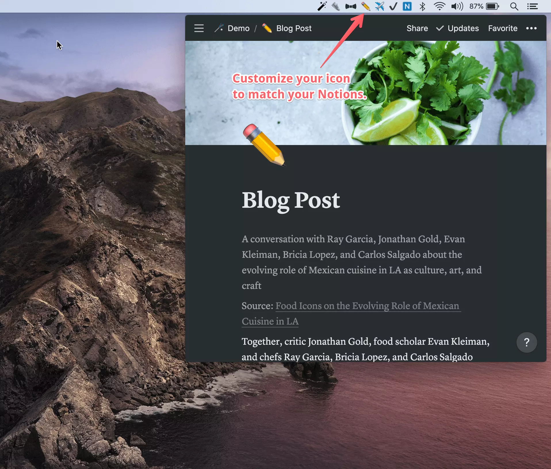 Picture showing emoji's as icons on menubar representing corresponding notion pages